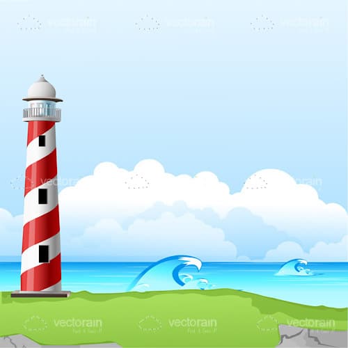 Illustrated Lighthouse on a Green Cliff Edge Over The Sea